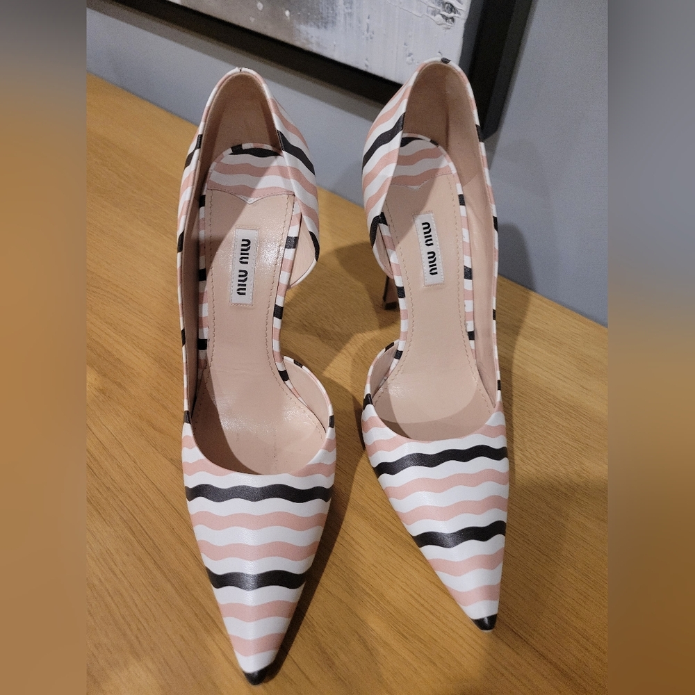 Miu Miu Pink and Black Heels with Striped Design